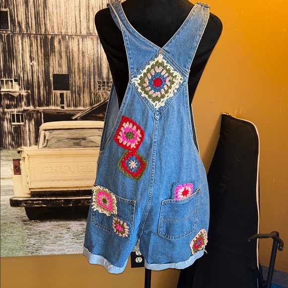 Upcycled Denim Overalls with Crochet Accents - Picture 2 of 7